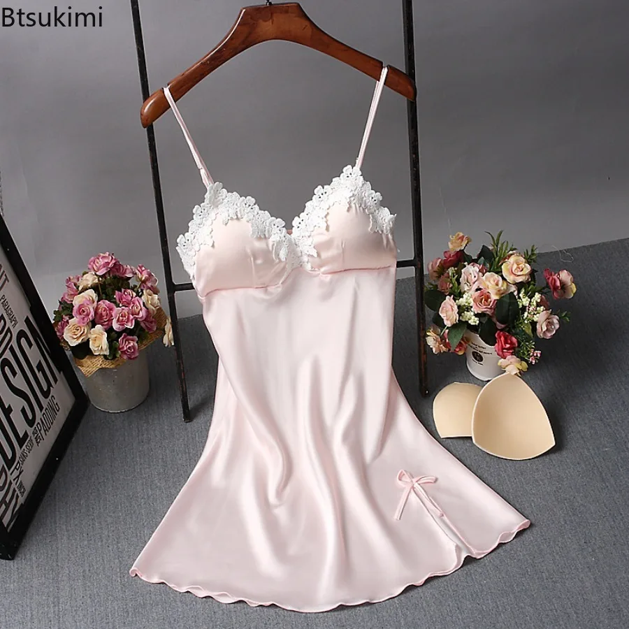 2026 Women's Sexy Satin Nightgown Robes with Chest Cushion Nightshirt Sleepwear Lace Bath Gown Summer Casual Home Night Dress