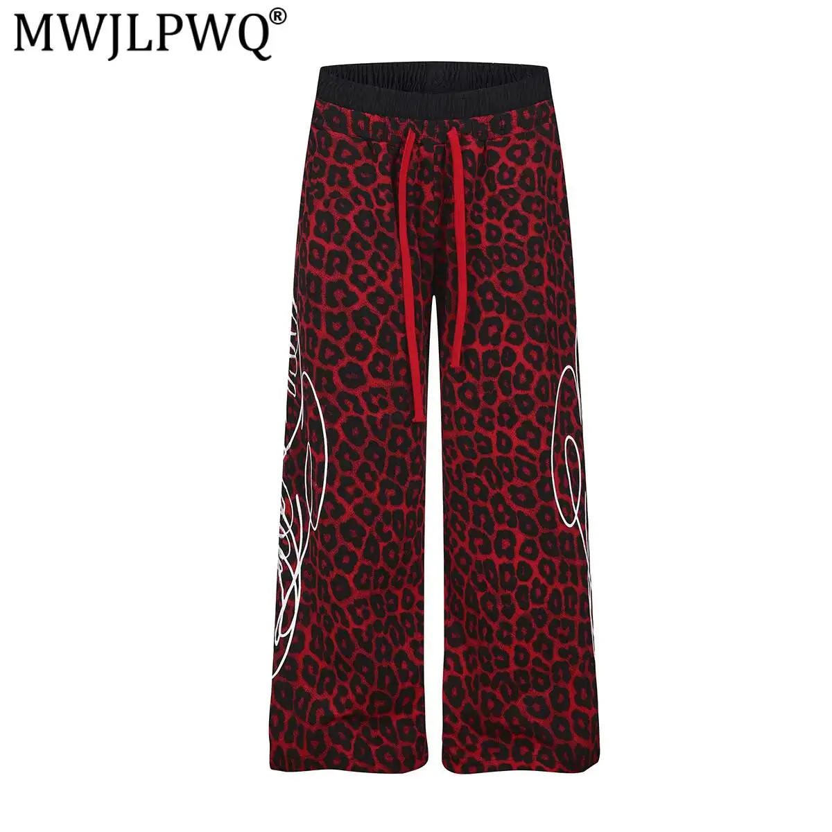 MWJLPWQ American Retro Style Leopard Print Sweatpants Double Waistband Street Dance Hip-Hop Loose-Fit Wide-Leg Casual Pant 20037