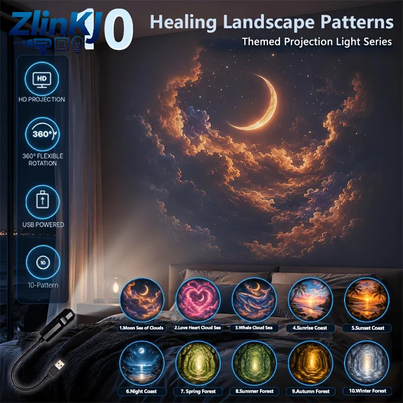 USB Healing Landscape Projector Light 10 Patterns Flexible Rotation Moon Cloud Sea Forest Coast Projection Lamp For Bedroom