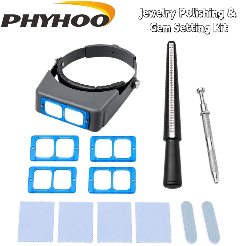 PHYHOO Jewelry Polishing Gem Setting Kit Jewelry Making Tools Head Wearing Magnifier Silver Polishing Cloth US/UK Plastic Stick