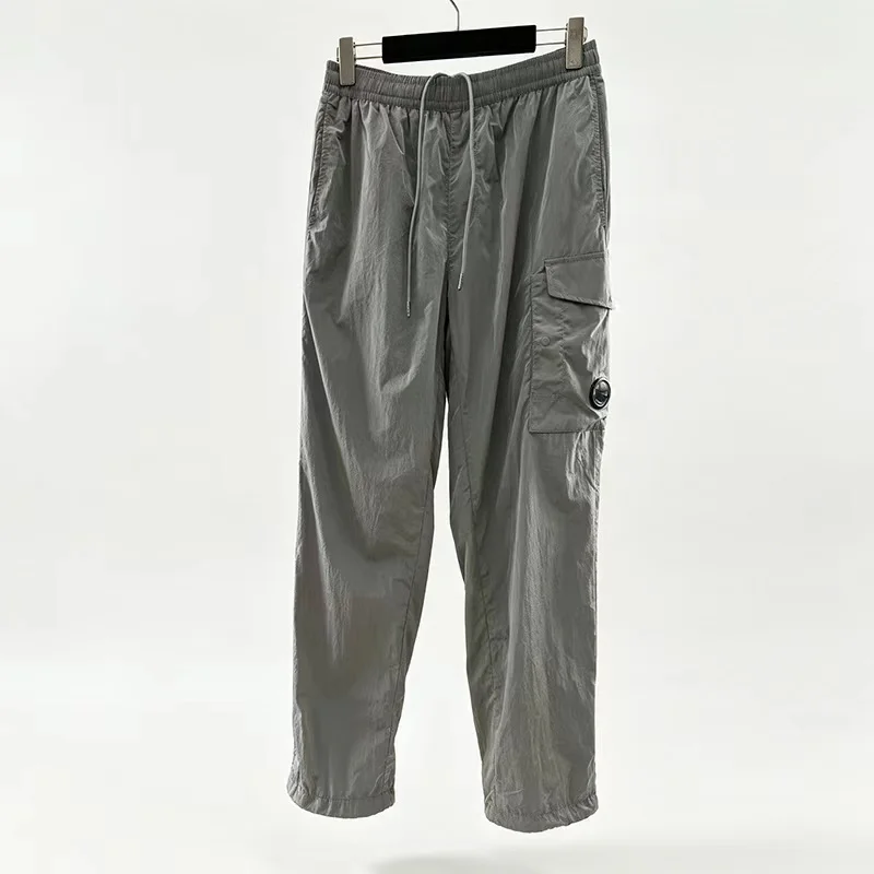 Italian Fashion Brand Men's Straight Leg Pants Autumn Casual Metal Nylon Youth Loose Fit High Waist Workwear Trousers