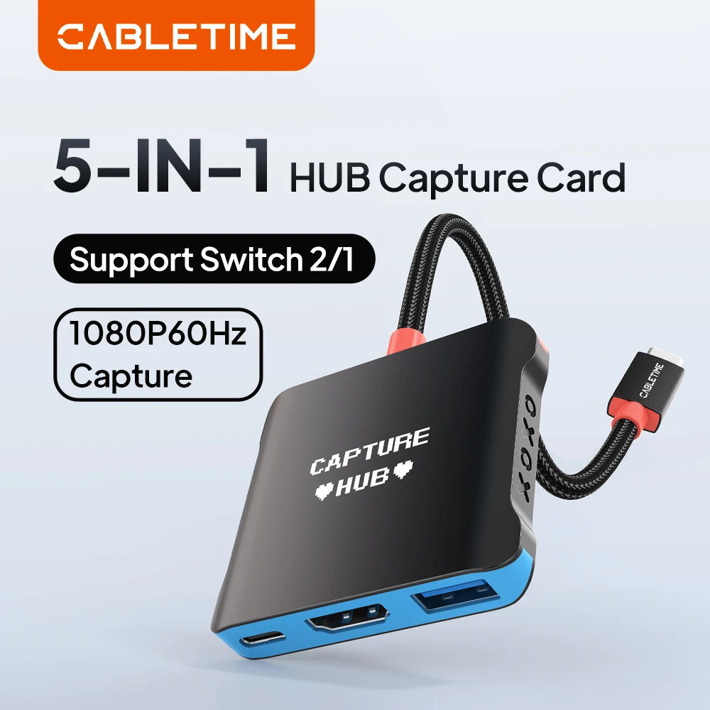 CABLETIME Capture Card 5 in 1 USB C Docking Station 5Gbps TV Output 1080P@60Hz for MacBook Switch OLED Laptops USB c Hub