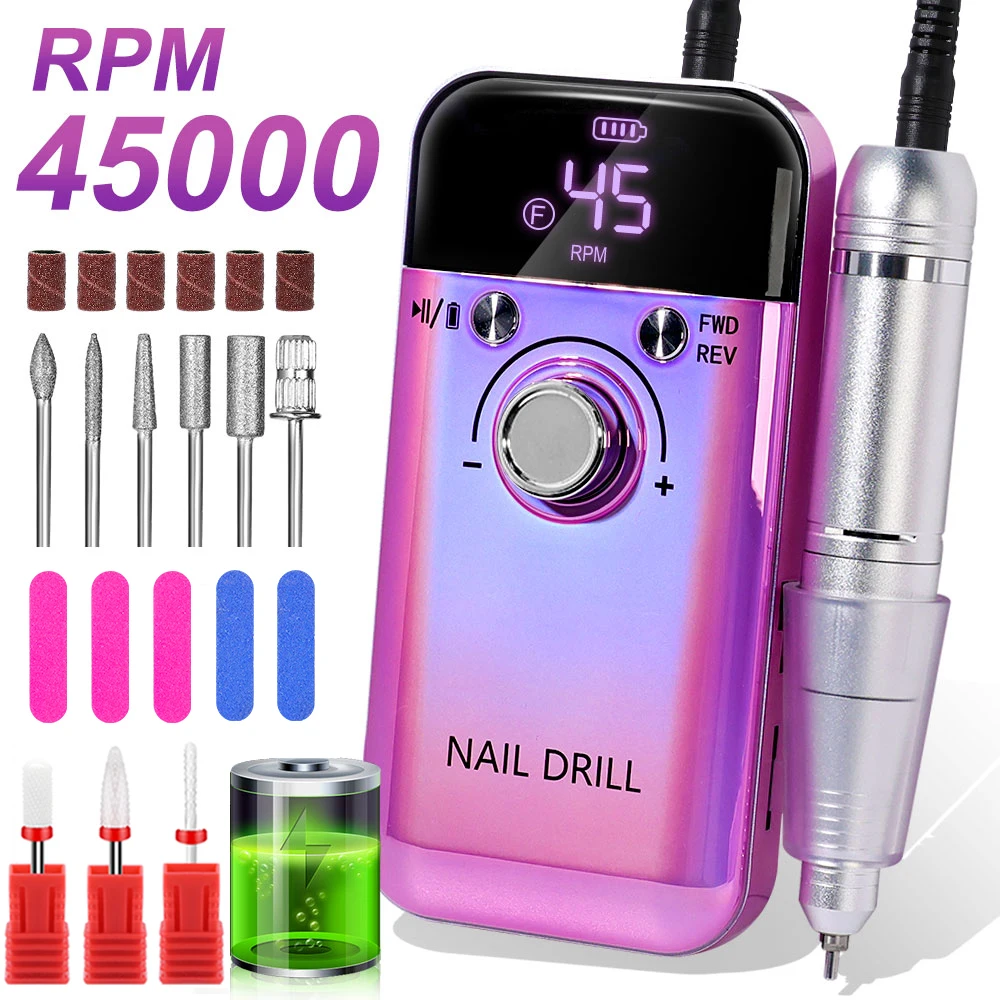 Professional 45000RPM Electric Portable Nail Drill Machine Rechargeable Low Noise Nail Sander File for Manicure Salon Tool