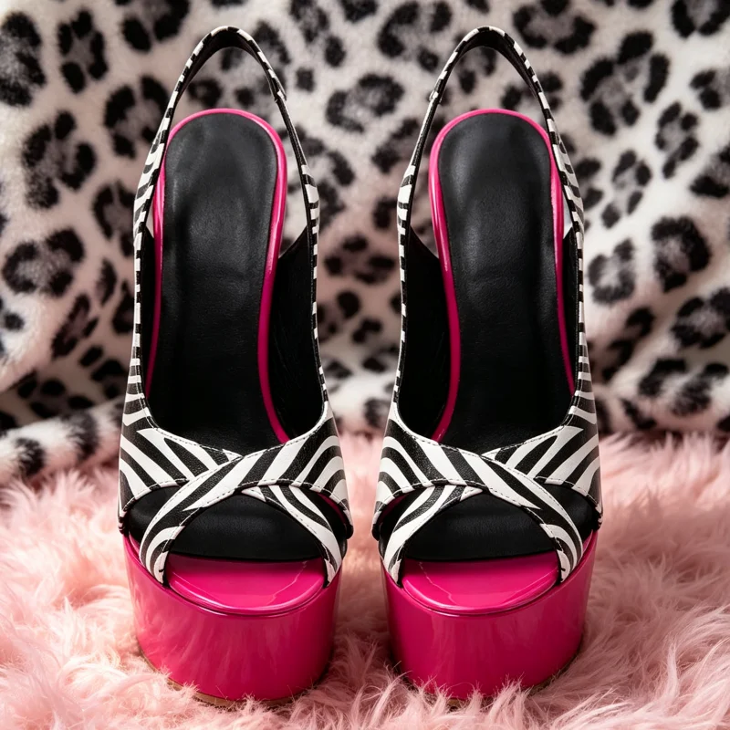 Zebra Print Peep Toe Slingback Platform Sandals Women Pink Back Strap Thin High Heels Hot Chick Club Summer Shoes New Arrival