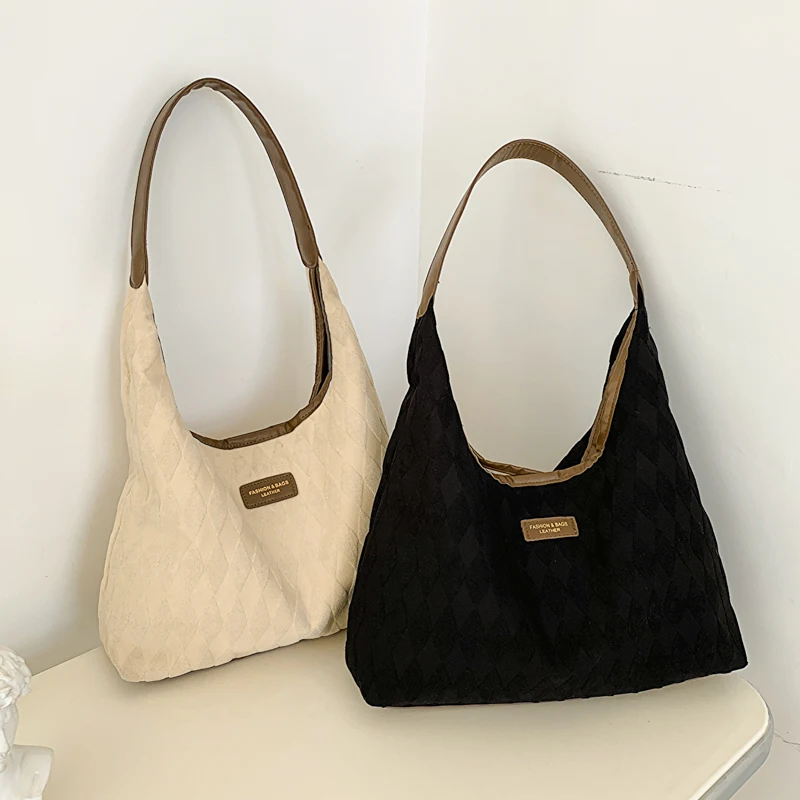 Trendy Canvas Commuter Bag Large Capacity Women's Shoulder Bag Underarm Tote Bag Fashionable Diamond Grid Design New 2023