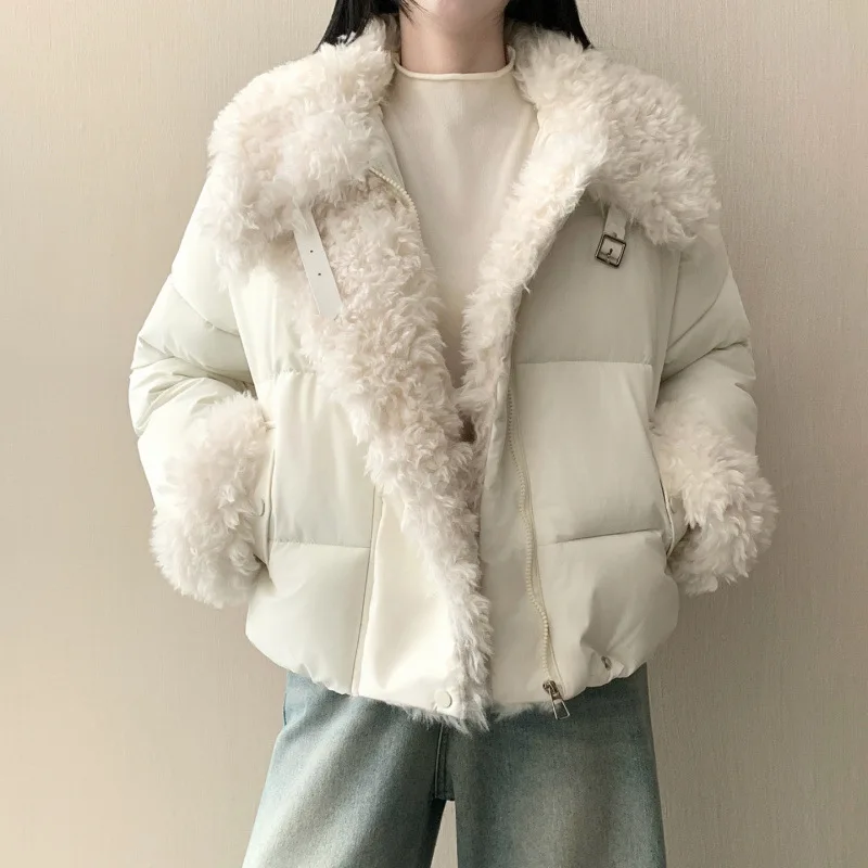 Winter New Women's Down Cotton Jacket Splicing Lamb Wool Stand Up Collar Jacket