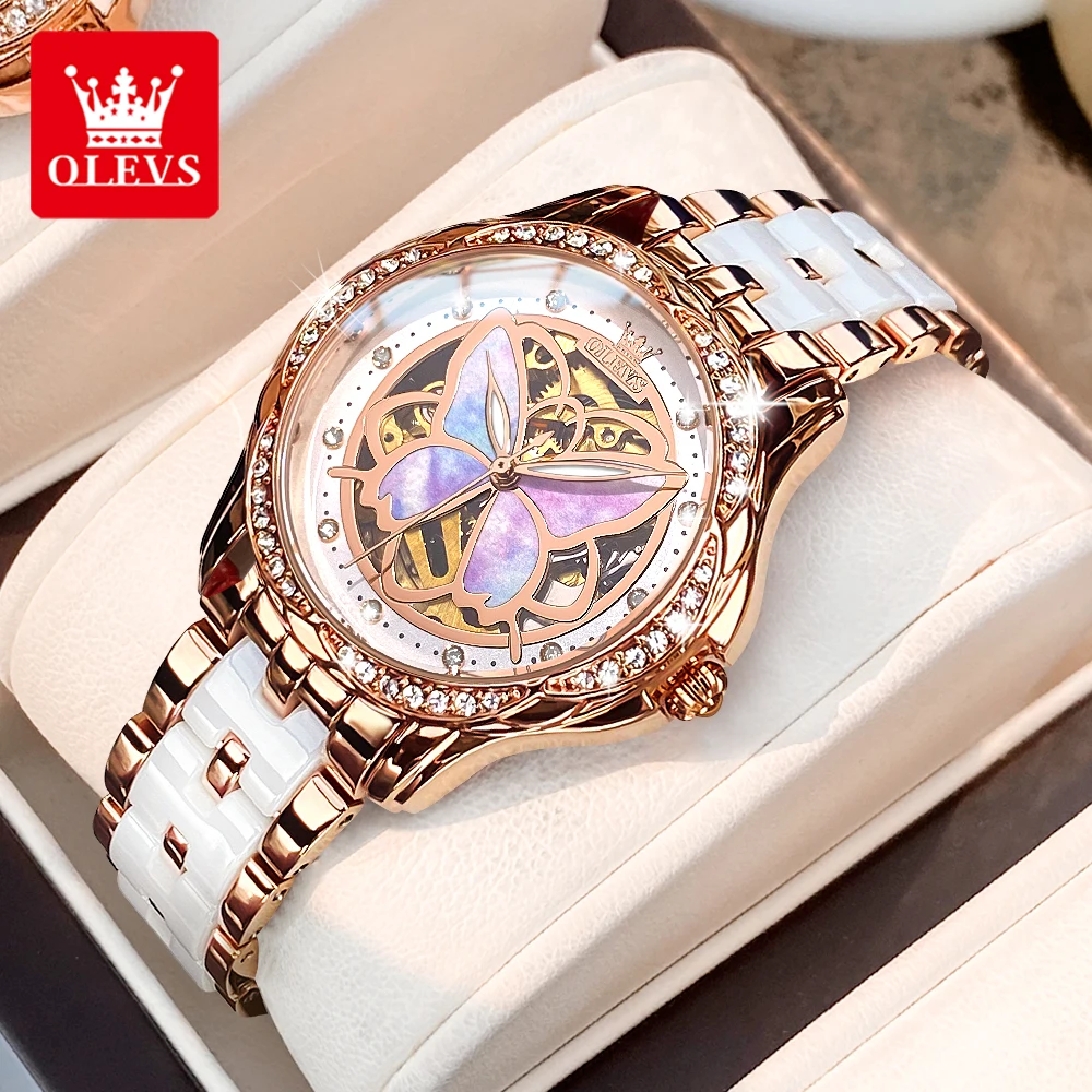 OLEVS 6615 Women Watch Original Luxury Mechanical Watch Hollow Diamond Butterfly Dial Automatic Watch Women Bracelet Set Reloj