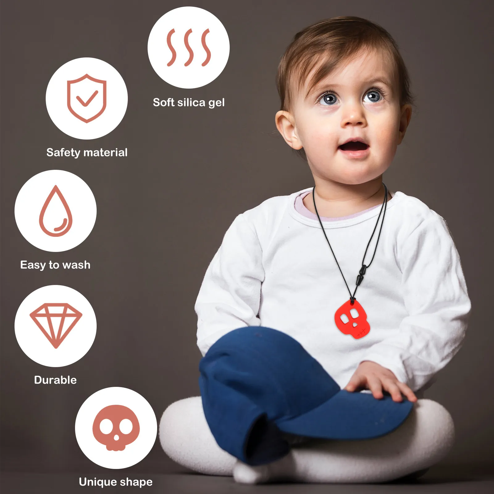Skull Chew Necklace Sensory Silicone Teether Pendant Jewelry For Kids Biting Chewing Relief Autism Anxiety Tool