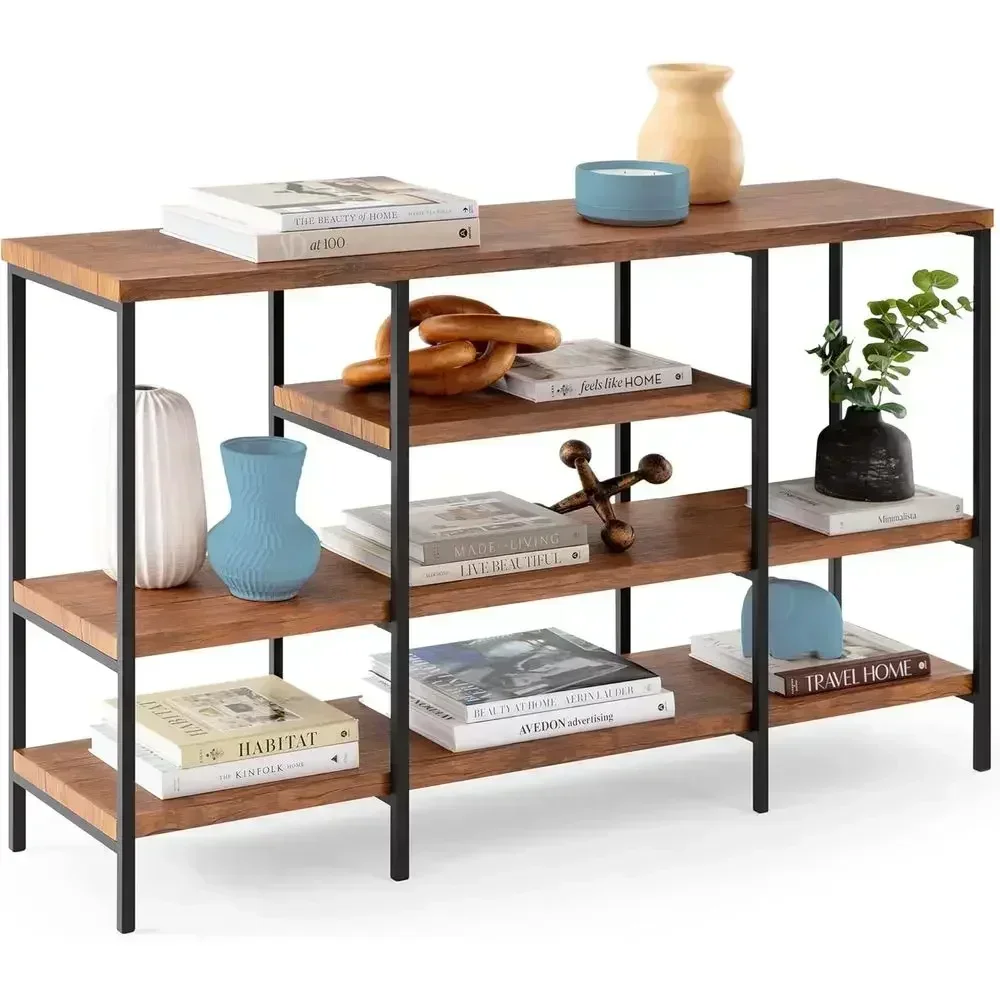 Rustic 4-Tier 55in Industrial Sofa Table with Non-Scratch EVA Foam and Steel Frame - Brown