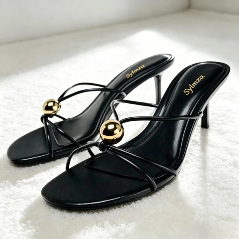 Metal Decoration Stiletto Slippers Women Narrow Band Designer Slide Sandals Sexy Open Toe Summer Comfortable Beach Casual Shoes