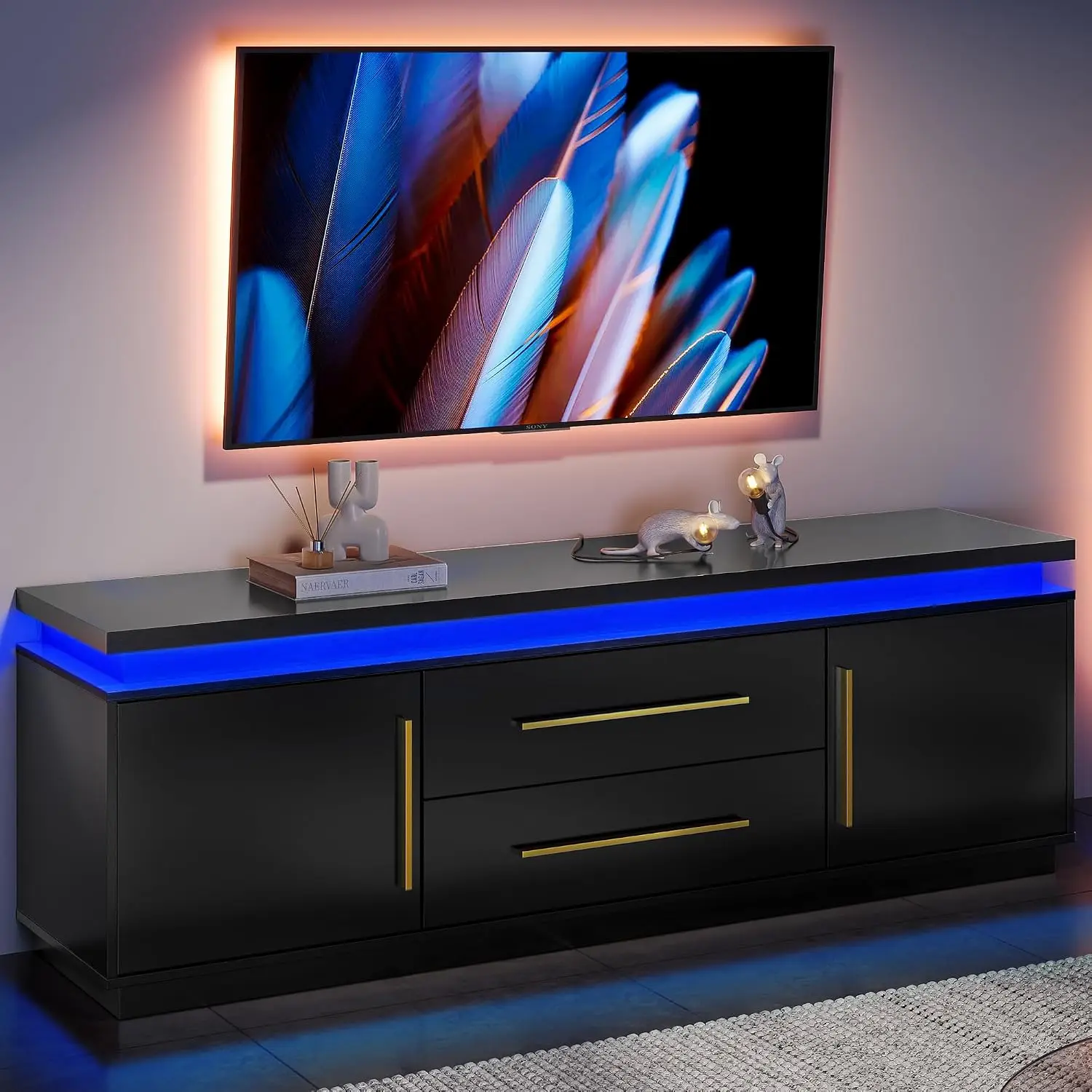67" TV Stand up to 75" TV, Entertainment Center with LED Light Sync Music, Console Cabinet Drawer for Living Room, Customized