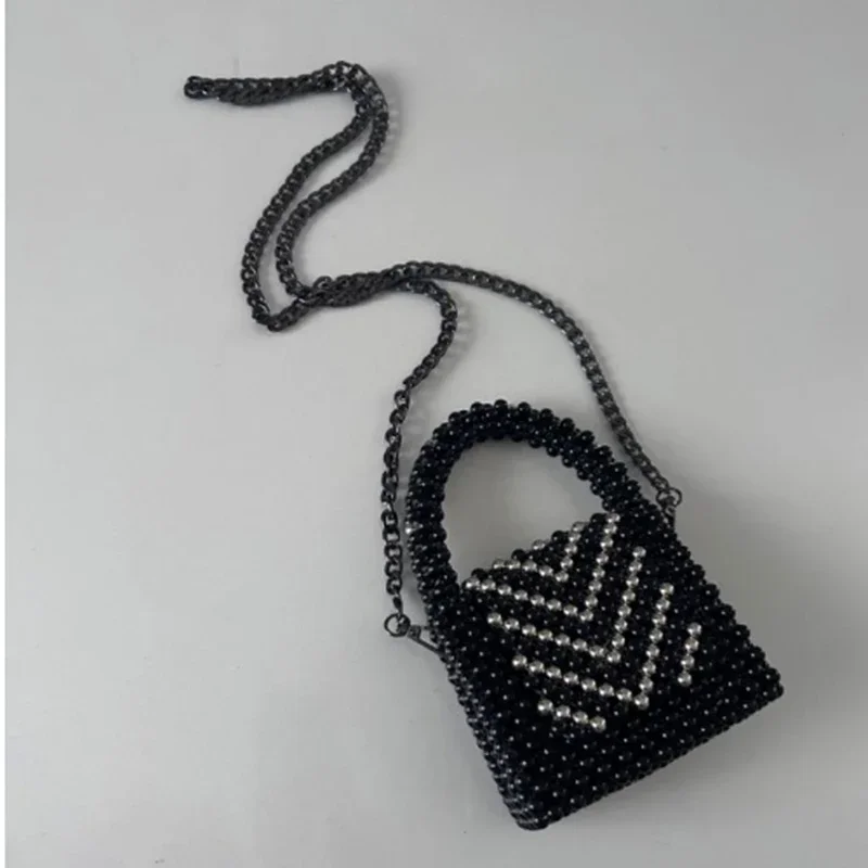 2025 Ins High Quality Texture Splicing Design Women's Handbag Spring Summer New Handmade Weaving Beaded Flipped Crossbody Bag