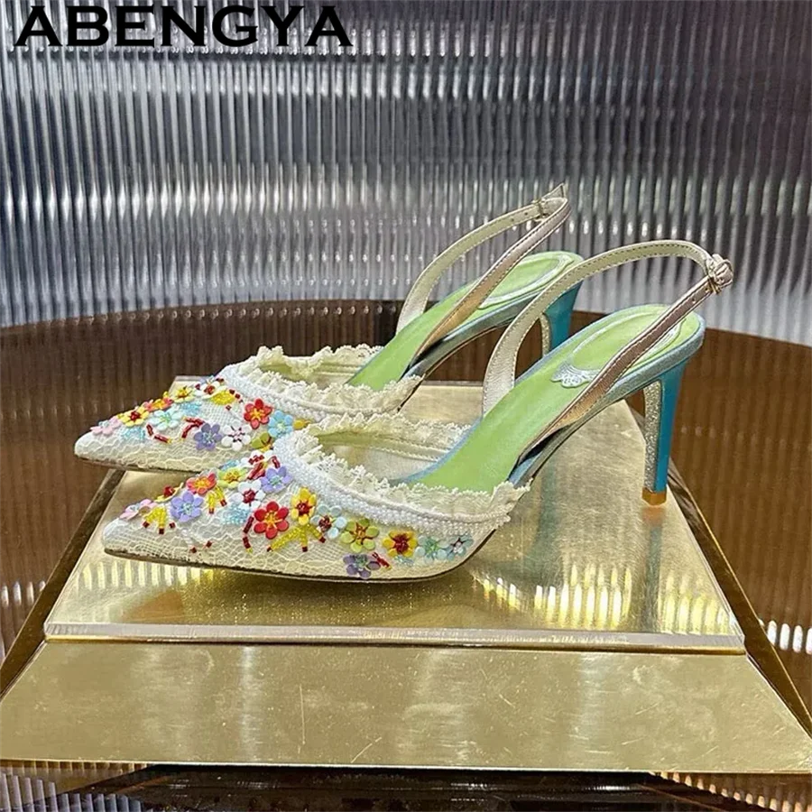 ABENGYA Summer Lace Pointed Toe Thin High Heels Fashion Crystal Strap Women Sandals Banquet Dress Party Female Mules Bride Shoes