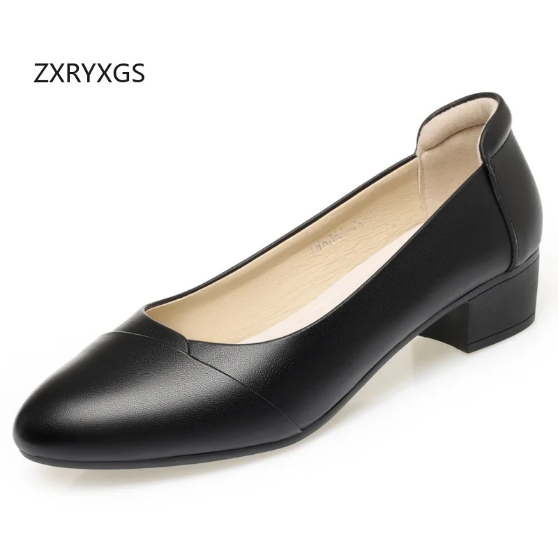 ZXRYXGS Premium Cowhide Black Shoes Mid Heels 2026 Large Size Shallow Mouth Genuine Leather Shoes Women Office Work Shoes Tide