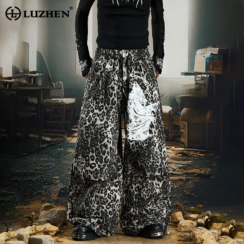 LUZHEN Tie-dyed Design Leopard Print Drawstring Elastic Waist Straight Casual Trousers Men 2025 New Baggy Wide Leg Pants JY4956