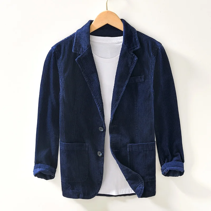 Autumn Winter Men's Cotton Corduroy Blazer Gentleman Long Sleeve Business Style Jacket Suits with Pockets