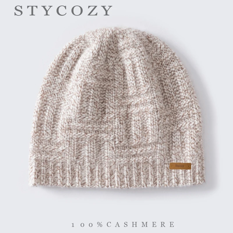 Unisex 100% Cashmere Geometric Cable Knitted Beanies Women Heathered Speckled Yarn Bonnets Winter Ribbed Cuff Men Skullies Hats