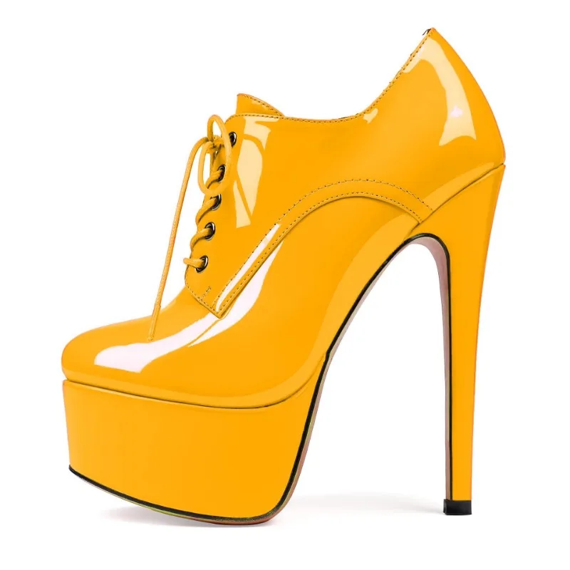 Nightclub Super High Heel Women's Boots Platform Thin Heel Patent Leather Cross Tied Side Zipper Short Boots Large Size 47 Women