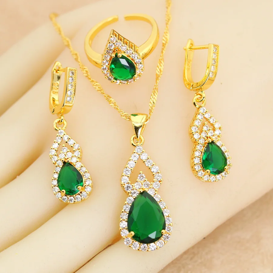 18k Gold Plated Bridal Jewelry Sets for Women Water Drop Green Crystal Earrings Necklace Pendant Open Ring Wedding Gift