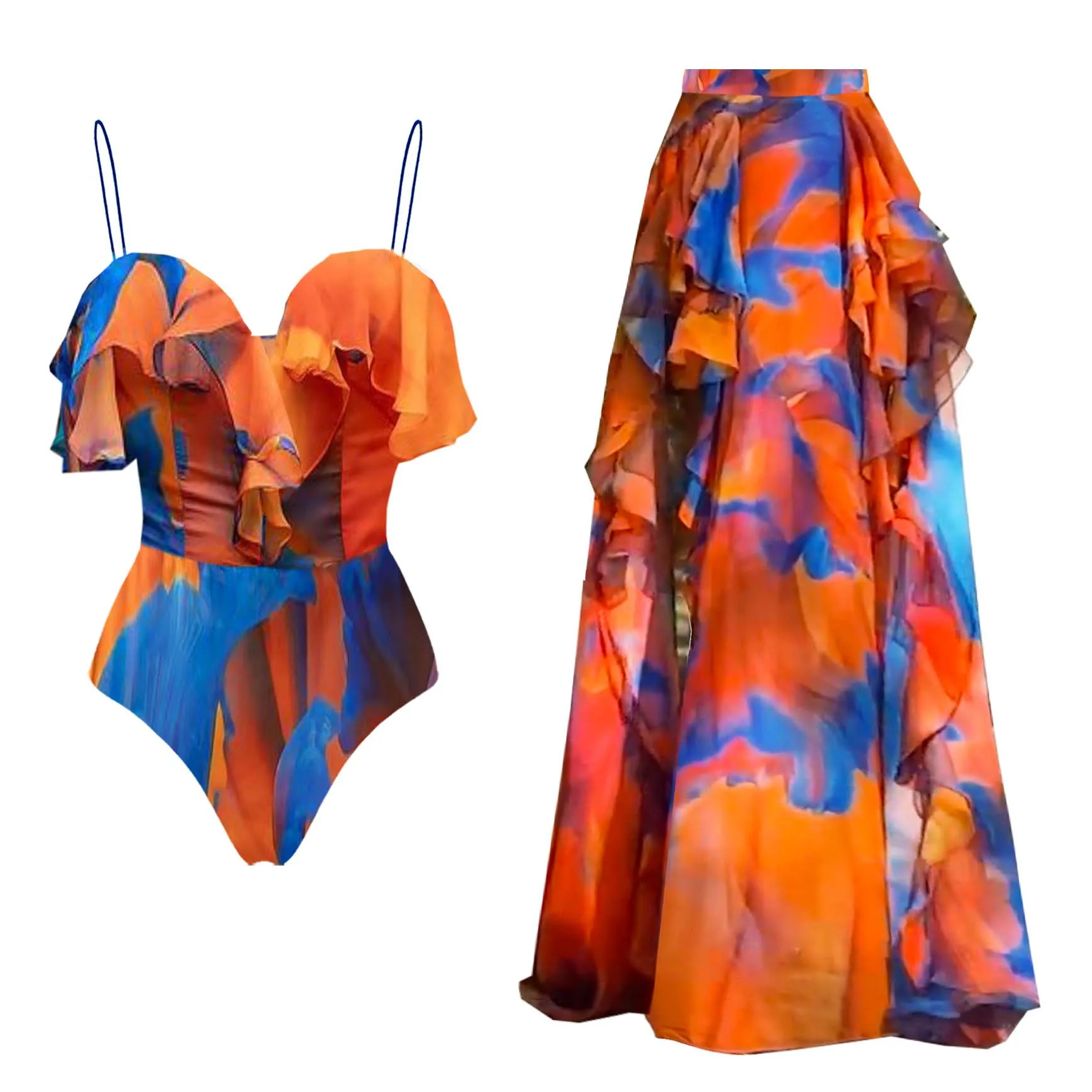 Women's One-Piece V-Neck Ruffle Edge Swimsuit Bodysuit Bikini Set Beach Vacation Style Maxi Dress Skirt Swimwear