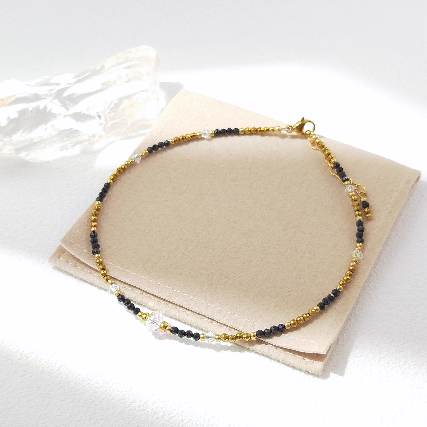Lii Ji Natural Black Spinel Golden Hematite 2mm Stainless Steel With American 14K Gold Filled Anklet 24+3cm