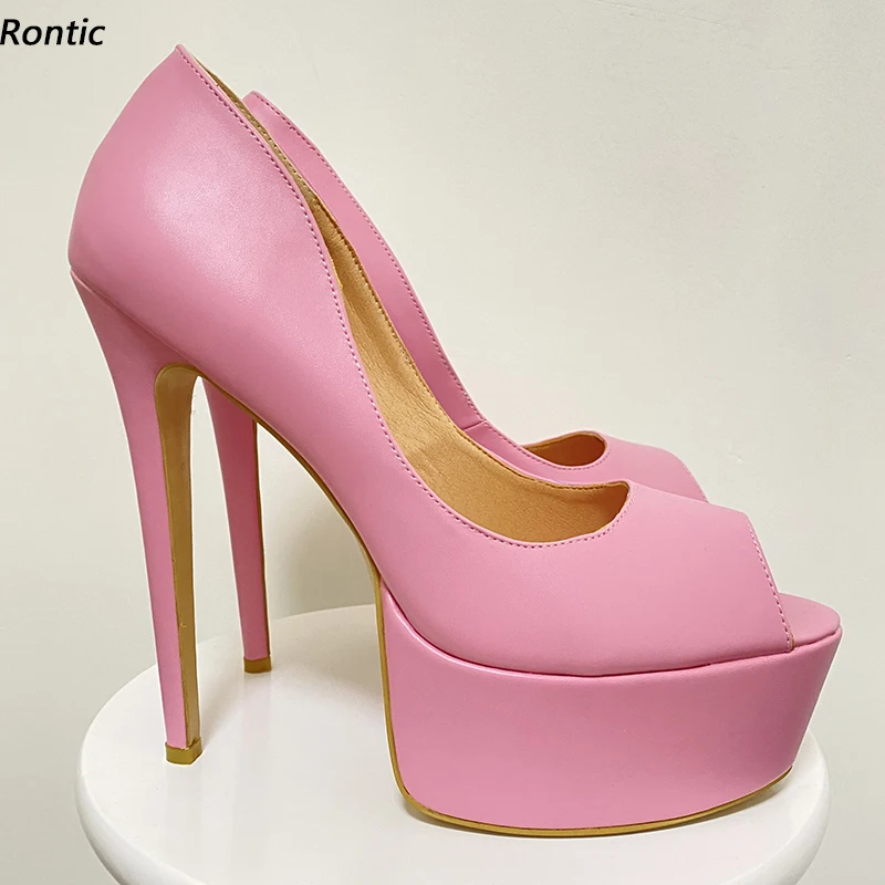 Rontic Handmade Women Platform Pumps Sexy Stiletto Heels Peep Toe Pretty Pink Fuchsia Black Part Party Shoes Women US Size 5-20