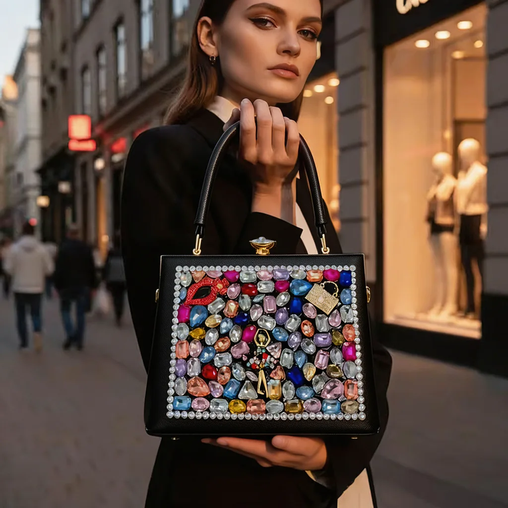 Ladies' elegant diamond embellished vegan leather handbag with shiny temperament crossbody bag
