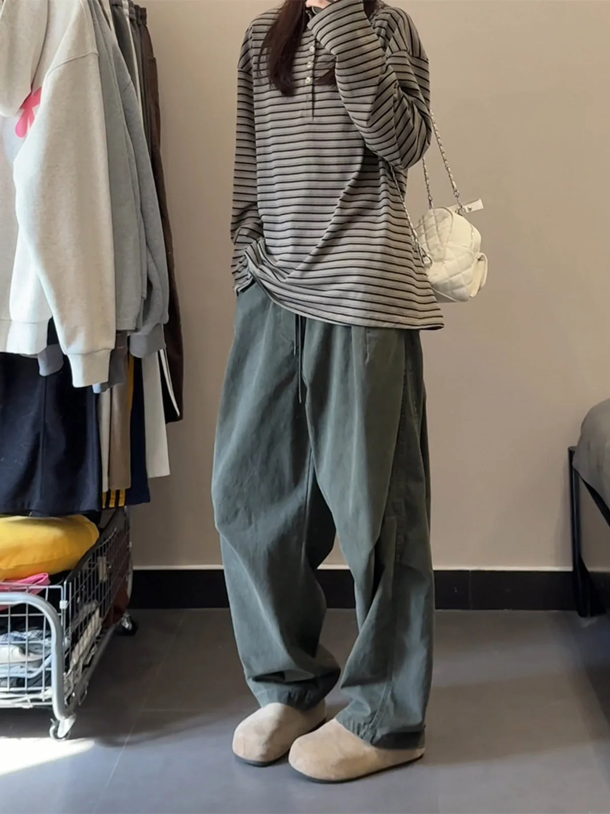 Military Green Casual Straight Leg Workwear Trousers Men's American Cleanfit Retro Diagonal Knife Wide Leg Long Pants