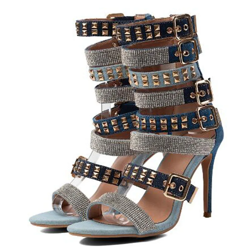 Blue Denim Multi Buckle Straps Rivet Rhinestone Decor Denim Party Heels Sandals Open Toe Gladiator Stiletto High Heel Sandals