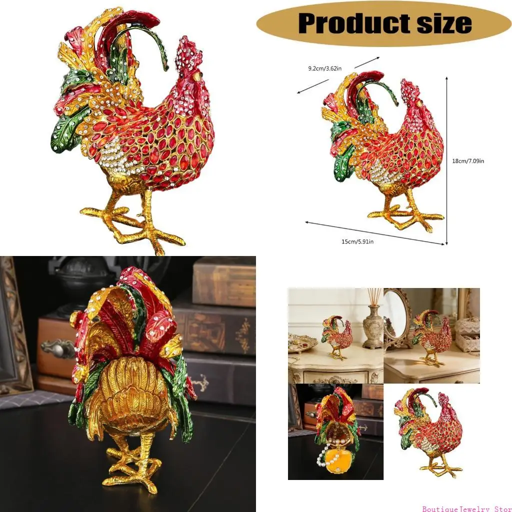 E1PE Hand Painted Rooster Jewelry Box Aluminum Organiser Case for Gift and Storage