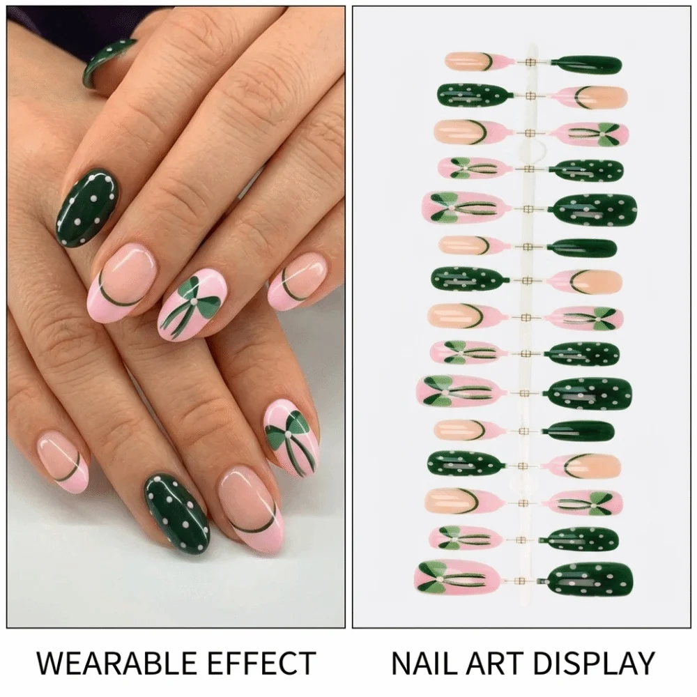 Finished Detachable Press On Nails Green Short Length Almond Fake Nails French Style Polka dot False Nails for 30pcs