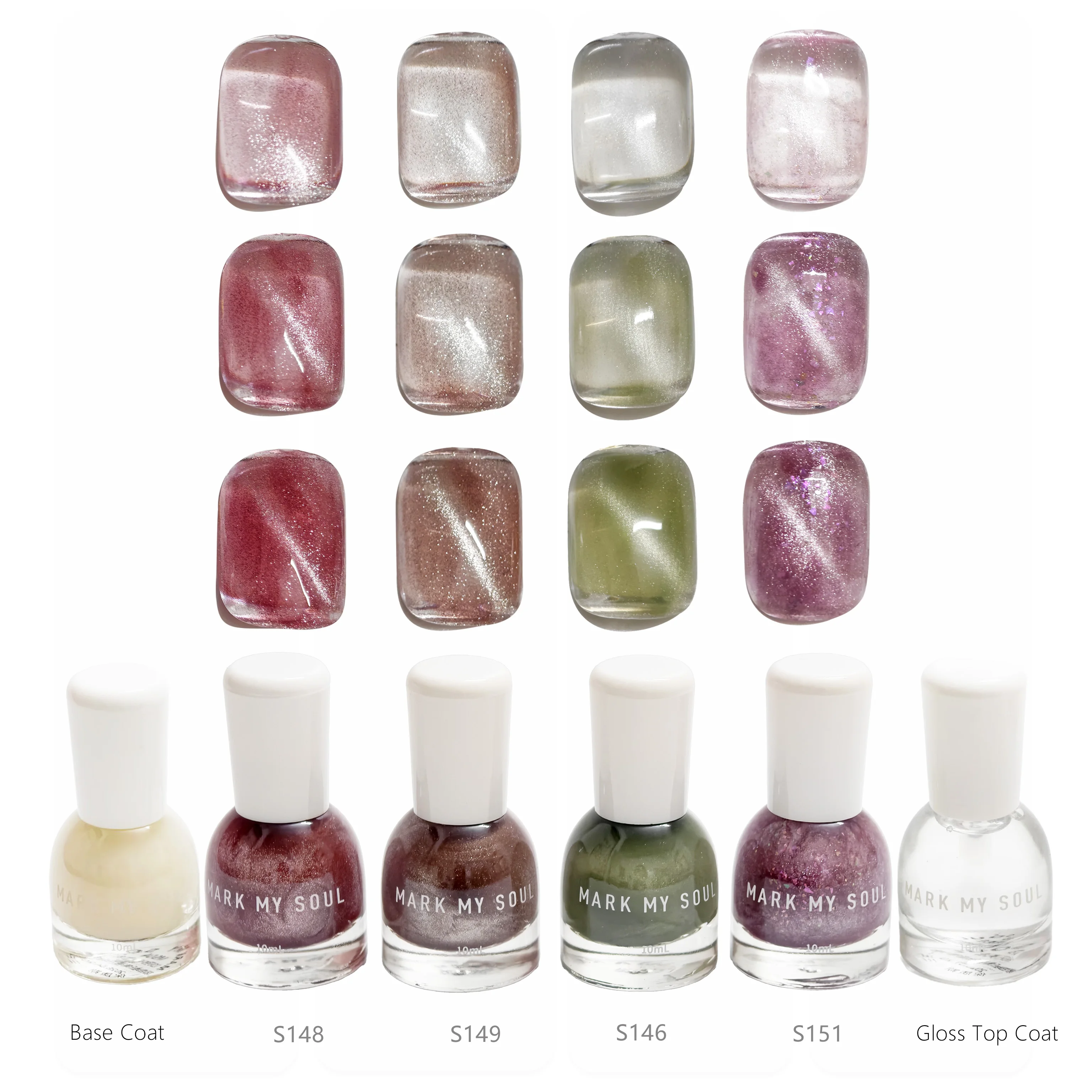 6 Pieces Nude Pink Olive Magnetic Cat Eye, MARK MY SOUL No UV Lamp Cat Eye Nail Polish Set, 4 Cat Eye Polishes S148/S149/S146/S1