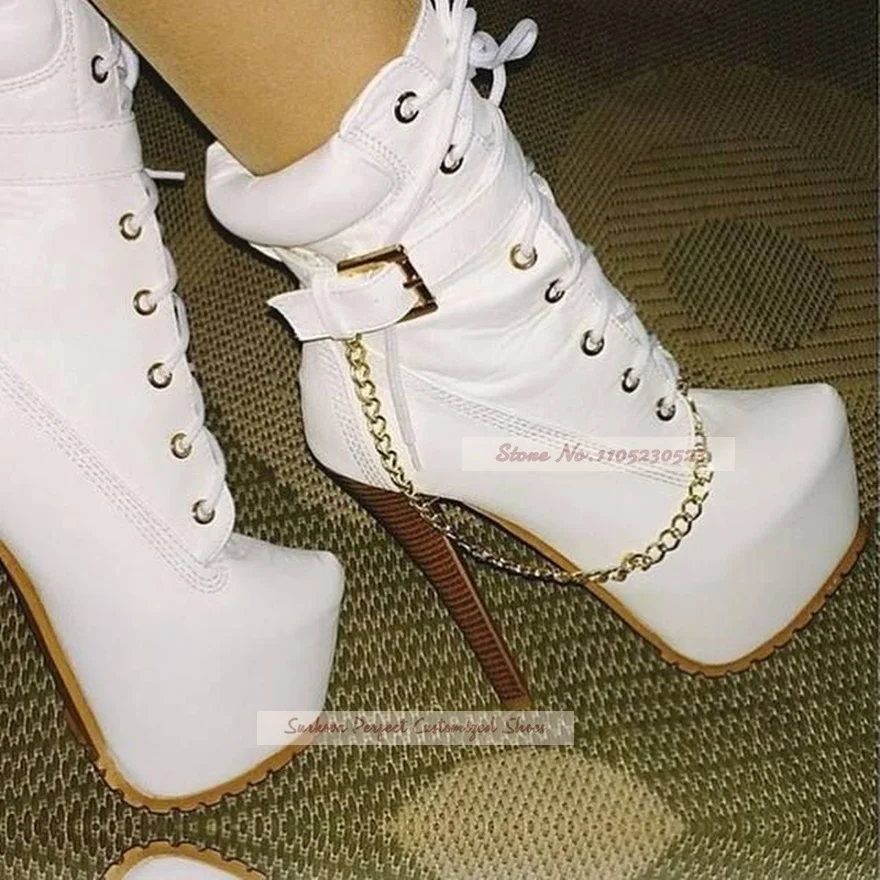 Women Golden Chain Platform Ankle Boots Wooden Pattern Thin Heel Buckle Strap Short Booties Collar Patchwork Lace-Up Shoes