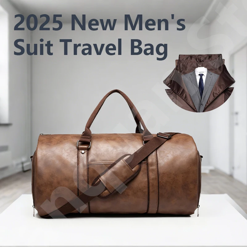 2026 New Men's Large Capacity Leather Waterproof Weekend Travel Business Convertible Suit Bag 2 in 1 Hand Carry-on Luggage Bag