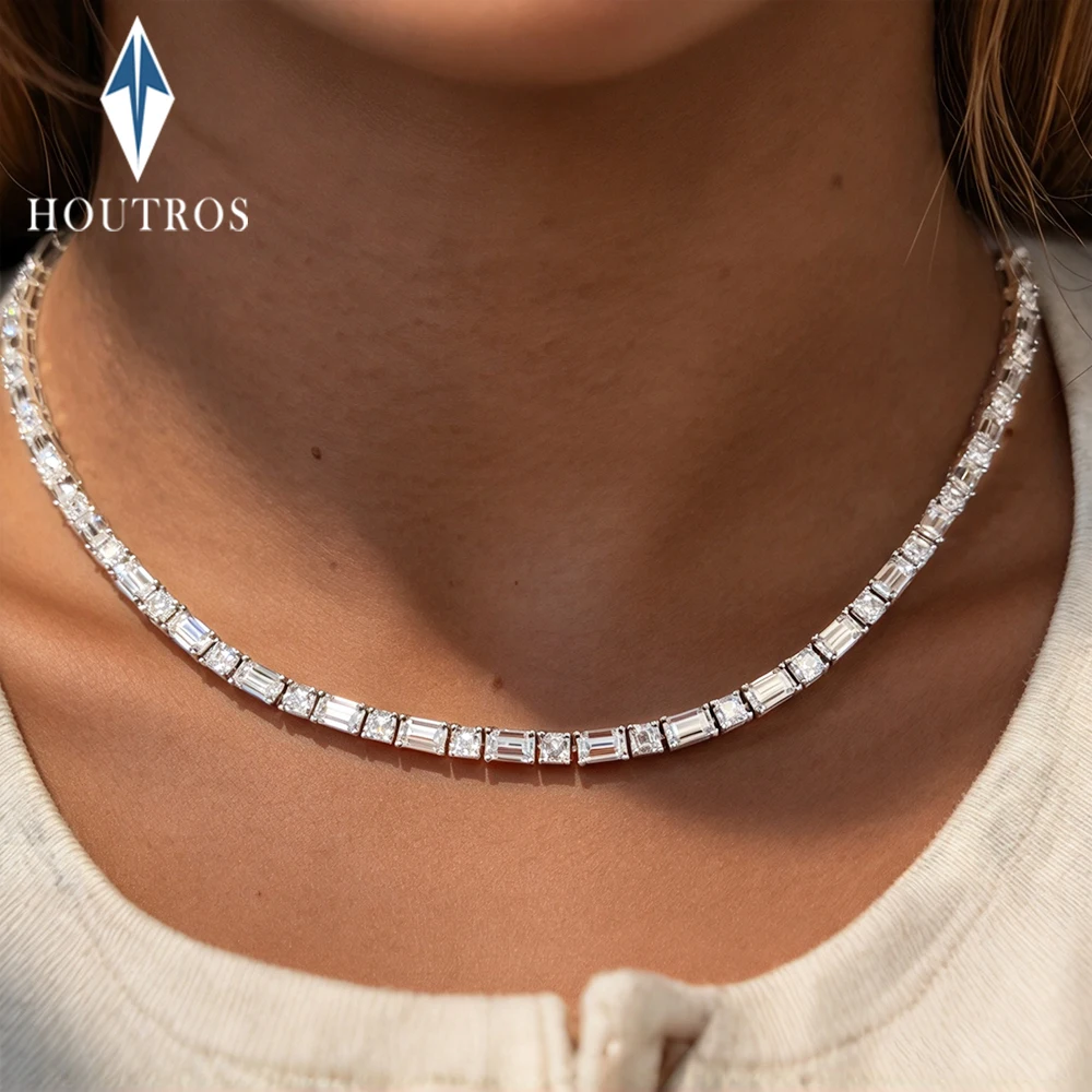 Emerald and Asscher Cut Moissanite Tennis Necklace 925 Sterling Silver Luxury Bridal Necklace for Women Wedding Party Jewelry