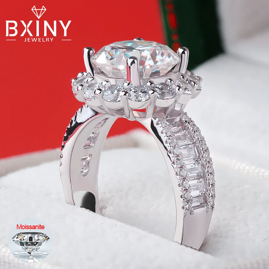 BXINY D Color 3CT Moissanite Ring 925 Sterling Silver Lab Diamond Women Flower Halo Wedding Band Fine Jewelry Gift GRA Certified