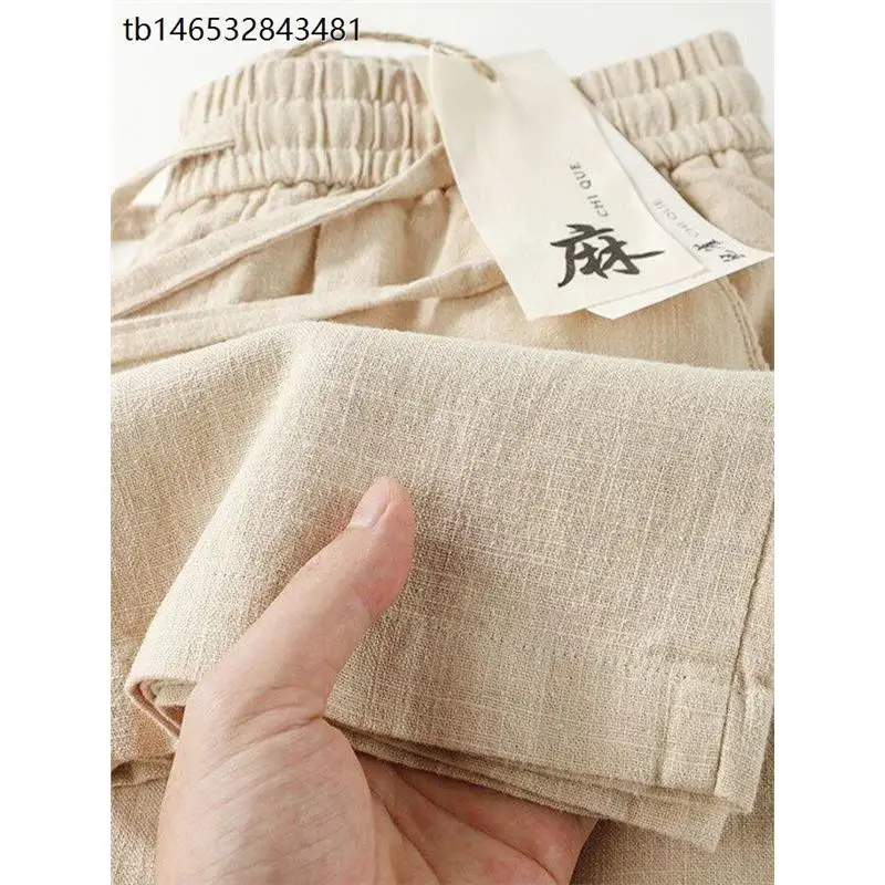 Natural Linen Cotton Casual Straight Leg Pants Breathable Comfortable Loose Fit Elastic Pocket Men's Summer Leisure Trousers