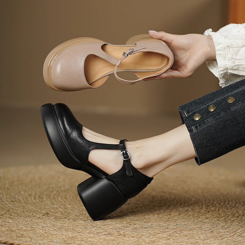 LIHUAMAO Cow leather square heel sandals women shoes high heel platform sandal casual block heel sandals outdoor footwear