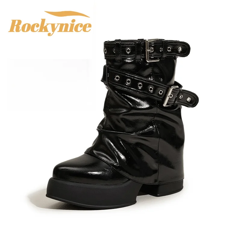 Handmade Women's Punk Boots New 2025 Winter Warm Fur 9CM High Platform Sneakers Buckle High Heels Soft Leather Motorcycle Boots