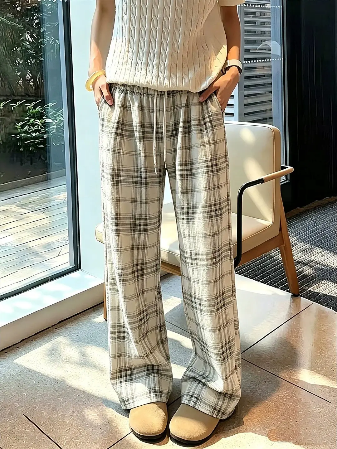 American Style Casual Plaid Wide Leg Pants Men's Loose Fit Slimming Straight Cut Trousers Autumn Wear Daily Fashion
