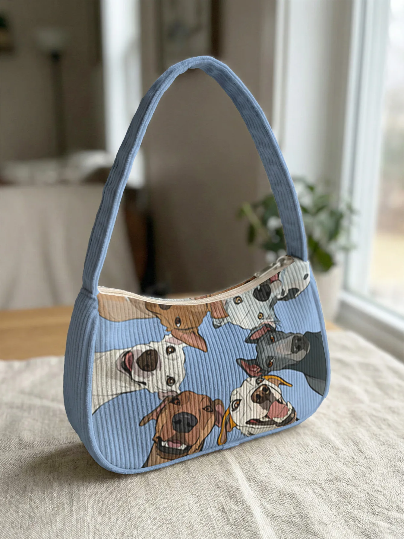 Trendy Playful Dog Breed Collage Print Shoulder Bag, Cheerful Blue Corduroy Underarm Bag