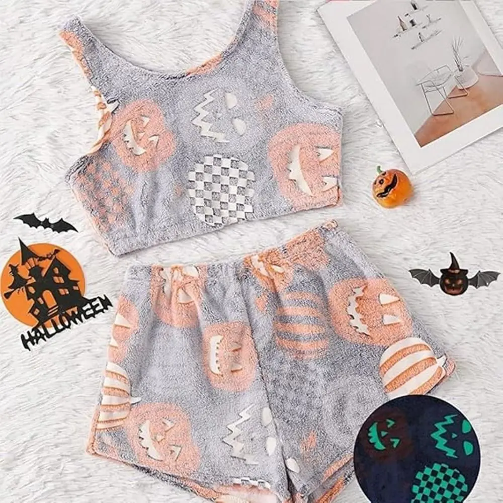 Thickened Spooky Vest Pajama Set Coral Velvet Pajamas Print Sleeveless Fuzzy Pajama Set Two-Piece Glow-in-The-Dark Homewear Suit