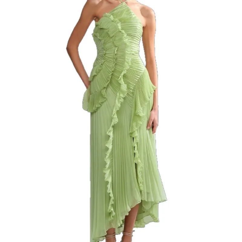Summer Dresses 2026 Halter Pleated Long Evening Dress Women Ruffle Irregular Midi Gown Sleeveless Party Wedding Guest Dress