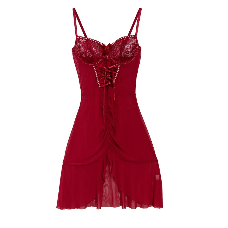 Bikini lace patchwork hollow-out nightdress with bow ties and see-through mesh lingerie two-piece set