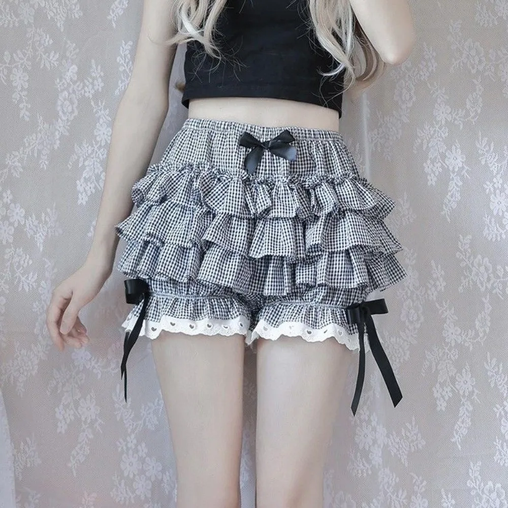 Cute Pleated Lace Bow Safety Pants JK Lolita Layered Bloomers Shorts Puffy Anti-glare Safety Shorts Summer