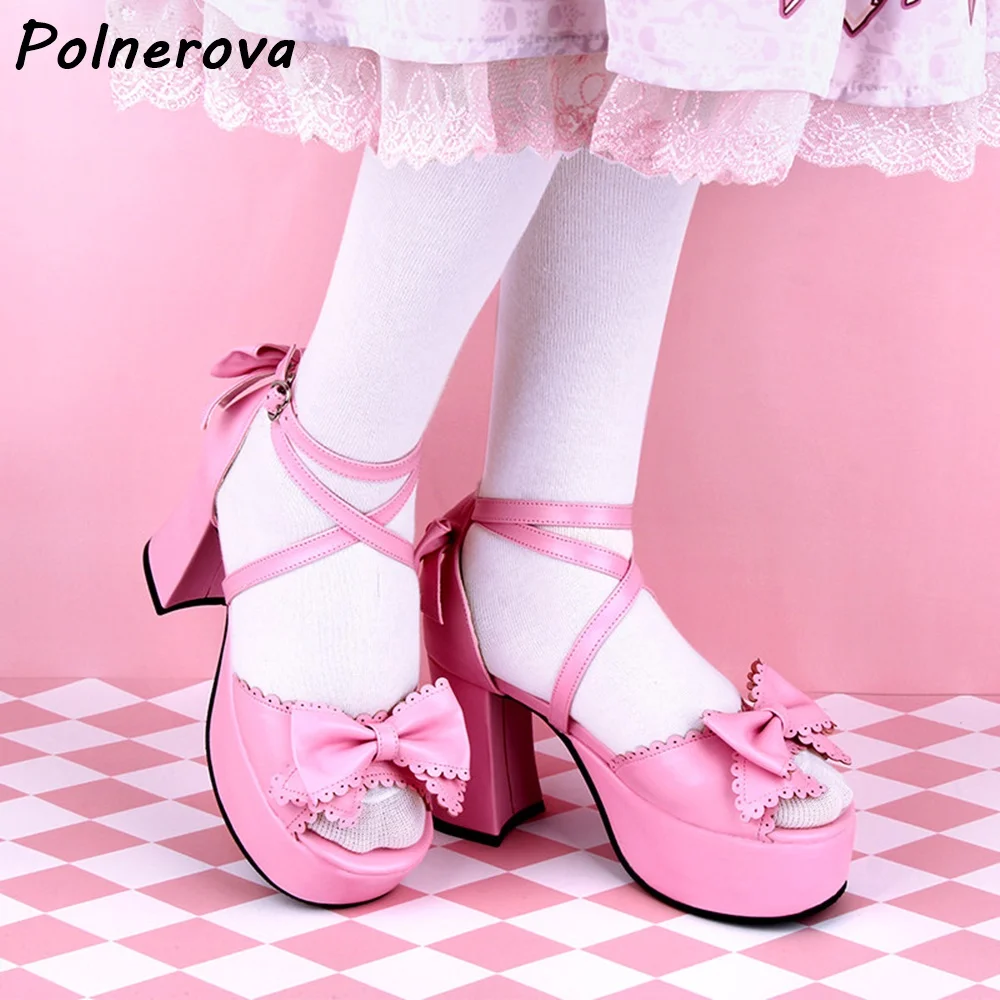 Sweet Lolita Bow Platform Sandals Open Toe Cross Strap Ankle Buckle Chunky Heel Shoes Heart Buckle Strap Lovely Summer Shoes