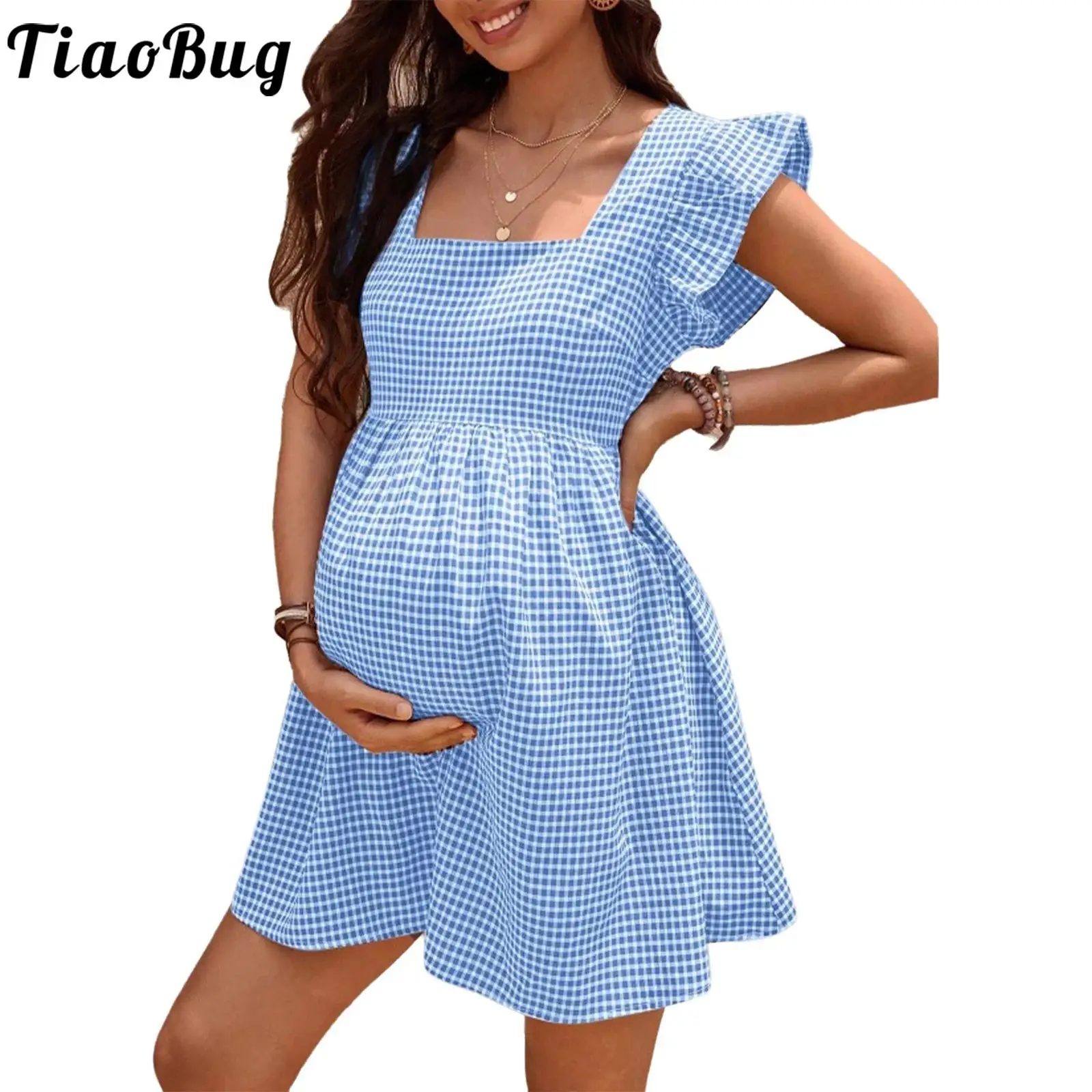 Women's Maternity Dress Ruffle Cap Sleeve Square Neck A Line Gingham Pregnancy Dresses for Summer Vacation Beach Casual Wear