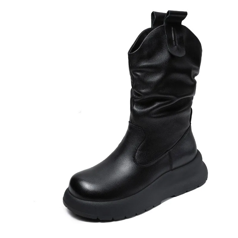 Fashion Women Autumn Winter Mid Calf Boots Round Toe Zipper Pleated Thick Bottom Leather Casual Women's Shoes Black Brown Botas