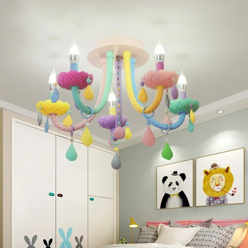 European Style Rainbow Crystal Chandelier Macaron Princess Lamp for Kids Bedroom Romantic Home Lighting Decor