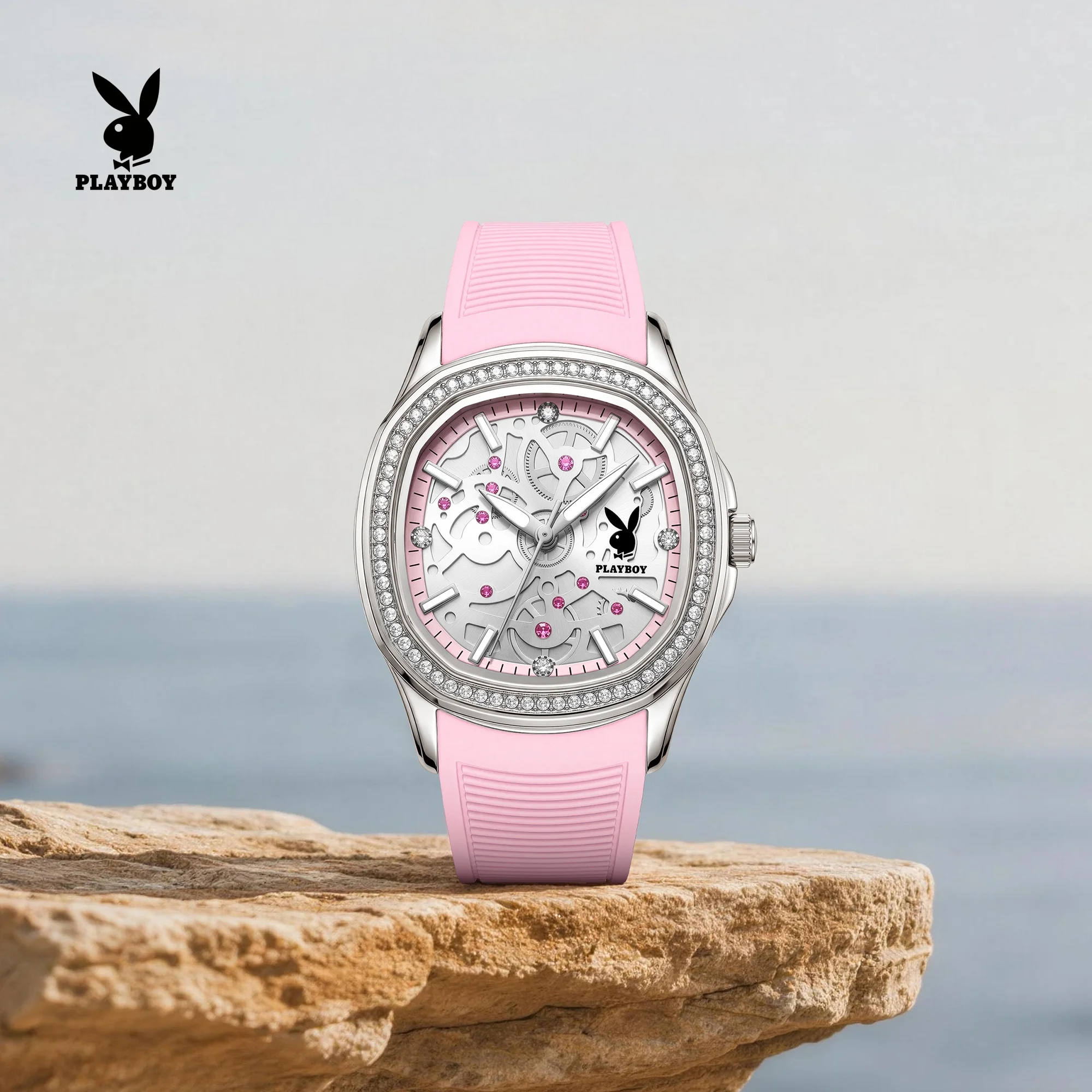PLAYBOY 3157 Original Quartz Movement Square Dial Watch For Women Silicone Strap HD Luminous 30m Waterproof Barrel Design Watch